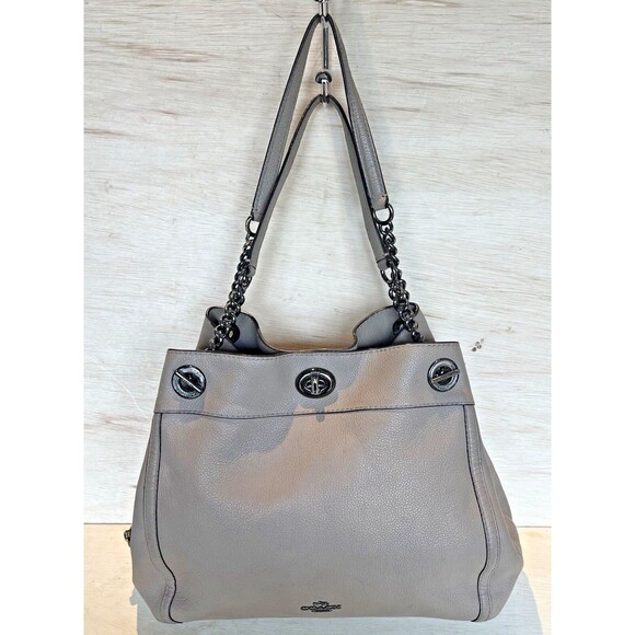 Coach Edie Turn lock Taupe Pebbled Leather Shoulder Bag Purse Satchel 36855 - Picture 2 of 16